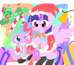 Size: 1800x1600 | Tagged: safe, artist:leo19969525, imported from derpibooru, spike, twilight sparkle, alicorn, dragon, pony, bell, blushing, boots, candy, candy cane, christmas, clothes, costume, cute, duo, female, food, hat, holiday, holly, male, mare, one eye closed, present, santa costume, santa hat, shoes, smiling, spikabetes, twiabetes, twilight sparkle (alicorn), wink