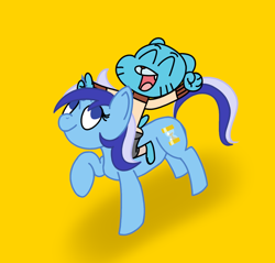 Size: 1200x1145 | Tagged: safe, artist:kanw, derpibooru exclusive, imported from derpibooru, minuette, anthro, cat, pony, unicorn, crossover, digital art, duo, eyes closed, female, gumball watterson, happy, holding, holding horn, mare, open mouth, raised hand, riding, riding a pony, simple background, the amazing world of gumball, yellow background