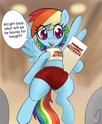 Size: 3387x4096 | Tagged: safe, artist:_ton618_, imported from derpibooru, rainbow dash, human, pegasus, pony, clothes, cute, dialogue, female, female focus, flying, meme, menu, offscreen character, open mouth, open smile, outback steakhouse, restaurant, sexy, short shirt, shorts, smiling, solo focus, speech bubble, stupid sexy rainbow dash, tomboy, tomboy gf, tomboy outback, waitress