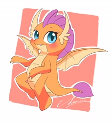 Size: 3755x4096 | Tagged: safe, artist:leo19969525, imported from derpibooru, smolder, dragon, blushing, cute, cute little fangs, dragoness, fangs, female, simple background, smiling, smolderbetes, solo