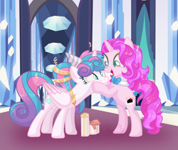 Size: 1936x1628 | Tagged: safe, artist:stormcloud-yt, imported from derpibooru, princess flurry heart, oc, oc:gentle cream, alicorn, pony, unicorn, base used, bipedal, bipedal leaning, cheek squish, duo, duo female, female, horn, indoors, leaning, mare, older, older flurry heart, smiling, squishy cheeks, unicorn oc