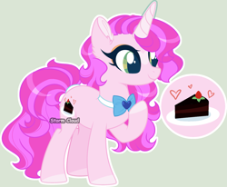 Size: 3369x2779 | Tagged: safe, artist:stormcloud-yt, imported from derpibooru, oc, oc only, pony, unicorn, base used, bowtie, cake, ear fluff, eyelashes, female, food, high res, horn, mare, offspring, parent:party favor, parent:pinkie pie, parents:partypie, raised hoof, simple background, solo, unicorn oc