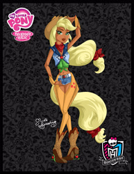 Size: 2151x2787 | Tagged: safe, artist:nemoturunen, imported from derpibooru, applejack, human, boots, clothes, cutie mark on clothes, dark skin, eyelashes, female, hat, high heel boots, high res, humanized, shoes, solo