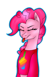 Size: 639x965 | Tagged: safe, artist:peachyminnie, imported from derpibooru, pinkie pie, earth pony, pony, :p, bust, clothes, eyes closed, female, mare, simple background, solo, tongue out, transparent background