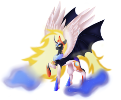 Size: 1280x1059 | Tagged: safe, artist:peachyminnie, imported from derpibooru, daybreaker, nightmare moon, alicorn, bat pony, bat pony alicorn, pony, bat wings, curved horn, ethereal mane, female, four wings, fusion, hoof shoes, horn, mane of fire, mare, multiple wings, peytral, raised hoof, simple background, solo, starry mane, transparent background, wings