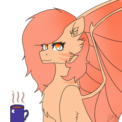 Size: 2000x2000 | Tagged: safe, artist:peachyminnie, imported from derpibooru, oc, oc only, bat pony, pony, bat pony oc, bat wings, bust, chest fluff, coffee, ear fluff, female, high res, mare, mug, simple background, solo, transparent background, wings