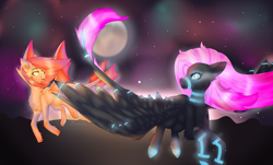 Size: 2650x1600 | Tagged: safe, artist:peachyminnie, imported from derpibooru, oc, oc only, bat pony, pegasus, pony, aurora borealis, bat pony oc, bat wings, duo, female, flying, full moon, looking back, mare, moon, night, pegasus oc, stars, tattoo, wings