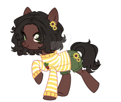 Size: 1024x866 | Tagged: safe, artist:miioko, imported from derpibooru, oc, oc only, earth pony, pony, black mane, black tail, brown coat, clothes, deviantart watermark, earth pony oc, flower, flower in hair, obtrusive watermark, shirt, shorts, simple background, solo, sunflower, tail, transparent background, watermark