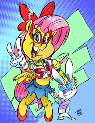Size: 2388x3106 | Tagged: safe, artist:grotezco, artist:tokiotoyy2k, imported from derpibooru, angel bunny, fluttershy, anthro, pegasus, unguligrade anthro, '90s, anime, bipedal, bow, carrot, clothes, code wa sailor v, comic, deck, duo, food, gloves, high heels, high res, japan, looking at you, manga, mask, minako aino, miniskirt, peace sign, pose, sailor moon, sailor uniform, sailor venus, shoes, skirt, smiling, spoilers for another series, uniform