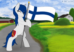 Size: 2046x1447 | Tagged: safe, artist:syntiset, imported from ponybooru, oc, oc only, earth pony, pony, bipedal, detailed background, female, finland, flag, independence day, looking at you, mare, nation ponies, one eye closed, ponified, smiling, smiling at you, solo, wink, winking at you