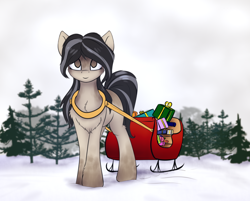Size: 976x783 | Tagged: artist needed, source needed, safe, imported from ponybooru, oc, oc only, oc:cold shoulder, pony, coat markings, cute, female, fluffy, holiday, mare, new year, present, sleigh, snowpony (species), socks (coat marking), solo, taiga pony, winter, yakutian horse