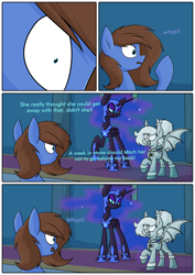 Size: 3000x4242 | Tagged: safe, artist:moonatik, imported from derpibooru, imported from ponybooru, part of a set, nightmare moon, oc, oc:bizarre song, oc:selenite, alicorn, bat pony, pegasus, pony, alternate timeline, armor, bat pony oc, bat wings, boots, close-up, clothes, comic, dialogue, eyeshadow, female, gloves, hair bun, helmet, high res, makeup, male, mare, military uniform, missing accessory, new lunar millennium, nightmare takeover timeline, pegasus oc, petrification, peytral, raised hoof, raised leg, shoes, stallion, tail, tail bun, uniform, wings