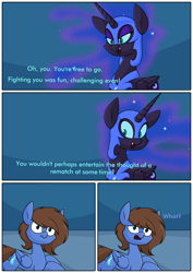 Size: 3000x4242 | Tagged: safe, artist:moonatik, imported from derpibooru, imported from ponybooru, part of a set, nightmare moon, oc, oc:bizarre song, alicorn, pegasus, pony, alternate timeline, armor, comic, dialogue, eyeshadow, female, helmet, makeup, male, mare, missing accessory, new lunar millennium, nightmare takeover timeline, pegasus oc, peytral, stallion, wings