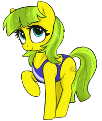 Size: 1197x1416 | Tagged: safe, artist:t72b, imported from derpibooru, imported from ponybooru, oc, oc only, oc:lemon drop, pony, derpibooru community collaboration, 2022 community collab, blushing, clothes, female, looking up, mare, one-piece swimsuit, raised hoof, raised leg, simple background, smiling, solo, swimsuit, transparent background