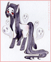 Size: 2470x3000 | Tagged: safe, artist:strontium, imported from ponybooru, oc, oc only, oc:gloomy trail, earth pony, ghost, pony, undead, braid, earth pony oc, female, looking at you, mare, necromancer, necromancy, side view, simple background, spirit, spirit powers, white background
