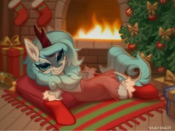 Size: 1500x1126 | Tagged: safe, artist:rrd-artist, imported from derpibooru, imported from ponybooru, oc, oc only, oc:frost flare, kirin, christmas, christmas stocking, christmas tree, clothes, draw me like one of your french girls, female, fire, fireplace, holiday, kirin oc, nipples, nudity, present, signature, socks, solo, tree
