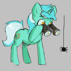 Size: 388x389 | Tagged: safe, artist:anonymous, lyra heartstrings, pony, spider, unicorn, aggie.io, binoculars, female, hoof hold, horn, mare, meme, simple background, solo
