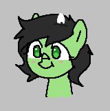 Size: 160x161 | Tagged: safe, artist:omelettepony, oc, oc:filly anon, earth pony, pony, aggie.io, blushing, bust, egg (food), female, filly, food, lowres, mare, portrait, simple background, smiling, solo