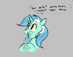 Size: 575x453 | Tagged: safe, artist:hattsy, lyra heartstrings, pony, unicorn, aggie.io, blatant lies, dialogue, drool, female, food, horn, mare, messy, oats, open mouth, simple background, solo, stolen oats