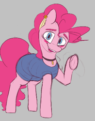 Size: 313x400 | Tagged: safe, artist:anonymous, pinkie pie, earth pony, pony, aggie.io, blushing, clothes, collar, dress, ear piercing, earring, female, jewelry, mare, open mouth, piercing, simple background, smiling, solo, underhoof, waving, waving at you