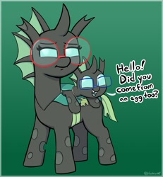 Size: 1836x1989 | Tagged: safe, artist:heretichesh, imported from derpibooru, oc, oc only, oc:yevan, oc:yvette (evan555alpha), changeling, baby changeling, changeling oc, cute, cuteling, duo, glasses, gradient background, green changeling