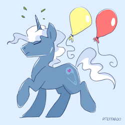 Size: 2048x2048 | Tagged: safe, artist:pfeffaroo, imported from derpibooru, pokey pierce, pony, unicorn, balloon, blue background, eyes closed, high res, hooves, horn, raised hoof, raised leg, side view, signature, simple background, solo, tail, two toned mane, two toned tail