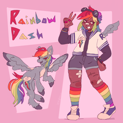 Size: 2048x2048 | Tagged: safe, artist:izzy-paw, artist:izzypaw, imported from derpibooru, rainbow dash, human, pegasus, pony, aesthetics, bandaid, clothes, dark skin, goggles, human ponidox, humanized, jacket, nose bandaid, pale belly, peace sign, rainbow socks, scar, self paradox, self ponidox, shorts, socks, striped socks