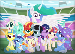 Size: 8673x6279 | Tagged: safe, artist:vito, imported from ponybooru, lemon hearts, lyra heartstrings, minuette, moondancer, pluto, princess celestia, princess erroria, sunset shimmer, trixie, twilight sparkle, twinkleshine, unicorn, 4chan, football, friendship association games, image, inkwell, needs more jpeg, smiling, soccer field, sports, team, unicorn twilight