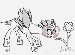 Size: 5500x4000 | Tagged: safe, artist:evan555alpha, imported from ponybooru, oc, oc only, oc:yvette (evan555alpha), changeling, insect, ladybug, bugs doing bug things, changeling oc, curious, dorsal fin, ear clip, elytra, evan's daily buggo, fangs, female, flower, gasp, glasses, grayscale, head down, leaf, looking at something, monochrome, open mouth, partial color, pinpoint eyes, ponybooru exclusive, round glasses, signature, simple background, sketch, solo, spread wings, stare, white background, wide eyes, wings