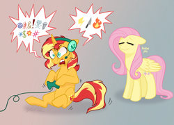 Size: 1920x1385 | Tagged: safe, artist:horse-time-babey, imported from derpibooru, fluttershy, sunset shimmer, pegasus, pony, unicorn, equestria girls, angry, censored vulgarity, controller, dialogue, duo, eyes closed, female, floppy ears, gamer sunset, grawlixes, headset, mare, rageset shimmer