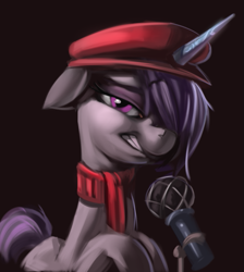 Size: 521x581 | Tagged: safe, artist:applepost67, imported from derpibooru, pony, unicorn, background pony, beatnik pony, beret, clothes, female, g5, gloomy sonnet, gloria gloom, hat, horn, mare, microphone, my little pony: a new generation, one eye covered, scarf, unnamed character, unnamed pony