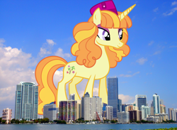 Size: 2048x1501 | Tagged: safe, artist:ambassad0r, artist:thegiantponyfan, imported from derpibooru, tropical dream, pony, unicorn, eyeshadow, female, florida, giant pony, giant unicorn, giantess, highrise ponies, irl, macro, makeup, mare, mega giant, miami, photo, ponies in real life, purple eyes, smiling