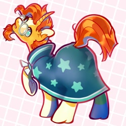 Size: 1500x1500 | Tagged: safe, artist:boorakun, imported from derpibooru, sunburst, pony, unicorn, cloak, clothes, facial hair, glasses, goatee, looking back, male, raised hoof, solo, stallion, sunburst's cloak, sunburst's glasses