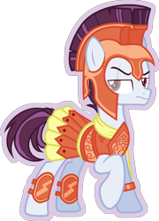 Size: 931x1296 | Tagged: safe, artist:stormcloud-yt, imported from derpibooru, oc, oc only, earth pony, pony, armor, base used, clothes, earth pony oc, eye scar, full body, helmet, heterochromia, hooves, lidded eyes, male, outline, raised hoof, scar, simple background, skirt, solo, stallion, standing, transparent background