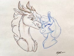 Size: 3858x2915 | Tagged: safe, artist:ask-y, imported from derpibooru, oc, oc only, draconequus, pony, unicorn, bust, chest fluff, draconequus oc, duo, eyelashes, eyes closed, female, horn, mare, signature, smiling, traditional art, unicorn oc