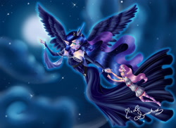 Size: 2873x2088 | Tagged: safe, artist:nemoturunen, imported from derpibooru, princess luna, sweetie belle, human, alicorn humanization, bare shoulders, clothes, dress, female, flying, full moon, horn, horned humanization, humanized, moon, night, signature, stars, winged humanization, wings