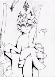 Size: 1648x2330 | Tagged: safe, artist:3500joel, imported from derpibooru, oc, oc:sparity, dracony, hybrid, black and white, crossed legs, female, friendship throne, glasses, grayscale, interspecies offspring, lidded eyes, looking at you, mare, monochrome, offspring, parent:rarity, parent:spike, parents:sparity, sitting, smiling, smiling at you, solo, traditional art