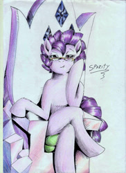 Size: 1693x2326 | Tagged: safe, artist:3500joel, imported from derpibooru, oc, oc:sparity, dracony, dragon, hybrid, colored, colored sketch, crossed legs, female, friendship throne, glasses, interspecies offspring, lidded eyes, looking at you, mare, offspring, parent:rarity, parent:spike, parents:sparity, sitting, smiling, smiling at you, solo, traditional art