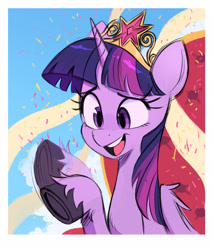 Size: 2480x2924 | Tagged: safe, artist:fanzeem, imported from derpibooru, twilight sparkle, alicorn, pony, big crown thingy, confetti, cute, element of magic, female, high res, jewelry, mare, open mouth, regalia, smile and wave, solo, throne, twiabetes, twilight sparkle (alicorn), underhoof, unshorn fetlocks, waving