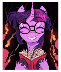 Size: 2480x2924 | Tagged: safe, artist:fanzeem, imported from derpibooru, twilight sparkle, alicorn, pony, book, candle, cute, eyes closed, female, glasses, grin, high res, mare, messy mane, smiling, smoke, solo, twiabetes, twilight sparkle (alicorn), unshorn fetlocks