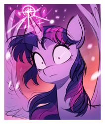 Size: 2480x2924 | Tagged: safe, artist:fanzeem, imported from derpibooru, twilight sparkle, alicorn, pony, female, frown, glowing, glowing horn, high res, horn, magic, mare, messy mane, shrunken pupils, solo, spread wings, twilight sparkle (alicorn), wings