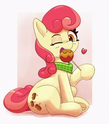 Size: 2020x2289 | Tagged: safe, artist:pabbley, imported from derpibooru, apple bumpkin, earth pony, pony, adorabumpkin, apple, apple family member, bandana, caramel apple (food), cute, eating, female, floating heart, food, frog (hoof), heart, high res, hoof hold, mare, open mouth, sitting, solo, underhoof