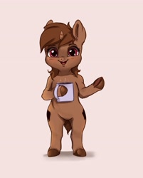 Size: 3287x4096 | Tagged: safe, artist:miokomata, imported from derpibooru, oc, oc only, oc:coffee, semi-anthro, unicorn, coffee mug, hoof hold, looking at you, male, mug, open mouth, open smile, pink background, simple background, smiling, smiling at you, solo, stallion