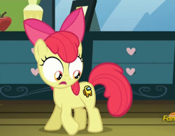 Size: 828x642 | Tagged: safe, edit, edited screencap, editor:captmeezy, imported from derpibooru, screencap, apple bloom, earth pony, pony, bloom and gloom, among us, apple bloom's cutie mark, crewmate, exploitable meme, female, filly, foal, looking down, meme, open mouth, shocked, solo, sus (among us)