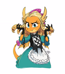 Size: 2480x2816 | Tagged: safe, artist:fanzeem, imported from derpibooru, smolder, dragon, bow, clothes, cute, dress, green dress, high res, looking at you, simple background, smiling, smiling at you, smolder also dresses in style, smolderbetes, solo, white background, wig