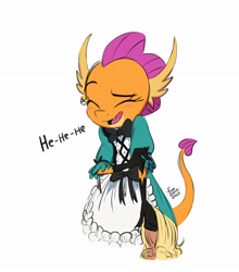 Size: 2480x2816 | Tagged: safe, artist:fanzeem, imported from derpibooru, smolder, dragon, blushing, clothes, cute, dress, eyes closed, green dress, high res, laughing, open mouth, open smile, simple background, smiling, smolder also dresses in style, smolderbetes, solo, white background, wig