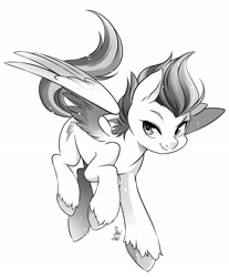 Size: 2696x3252 | Tagged: safe, alternate version, artist:nekoshiei, imported from derpibooru, zipp storm, pegasus, pony, female, g5, grayscale, high res, looking at you, mare, monochrome, simple background, smiling, smiling at you, solo, spread wings, unshorn fetlocks, white background, wings