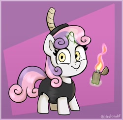 Size: 1506x1466 | Tagged: safe, artist:heretichesh, imported from derpibooru, sweetie belle, pony, unicorn, bomb, clothes, costume, crazy eyes, female, filly, foal, levitation, lighter, looking at you, magic, pun, smiling, smiling at you, solo, telekinesis, visual pun, weapon, wordplay