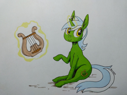 Size: 2000x1500 | Tagged: safe, artist:darkhestur, imported from derpibooru, lyra heartstrings, pony, unicorn, lyre, magic, musical instrument, simple background, sitting, solo, telekinesis, traditional art