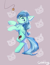 Size: 776x1000 | Tagged: safe, artist:twinkling, imported from derpibooru, oc, oc only, oc:snowfall night, pegasus, pony, behaving like a cat, butt, cookie, dangling, food, plot, solo